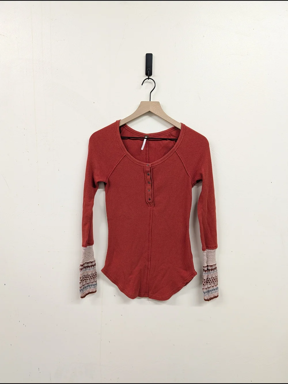 Free People Rust Henley Waffle Knit Long-Sleeve Top‎ with Patterned Cuffs